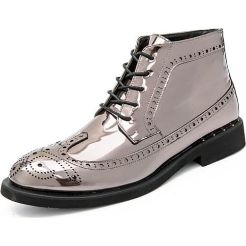Autumn Mens Formal Patent Leather Ankle Boots Social Male Wedding Dress Oxford Shoes Golden Lace-up Daily Brogue Business Shoes