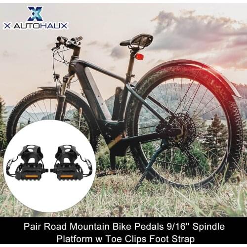 X Autohaux Pair Road Mountain Bike Exercise Bicycle Pedals 9/16'' Spindle Platform with Toe Clips Foot Strap for BMX MTB Bicycle