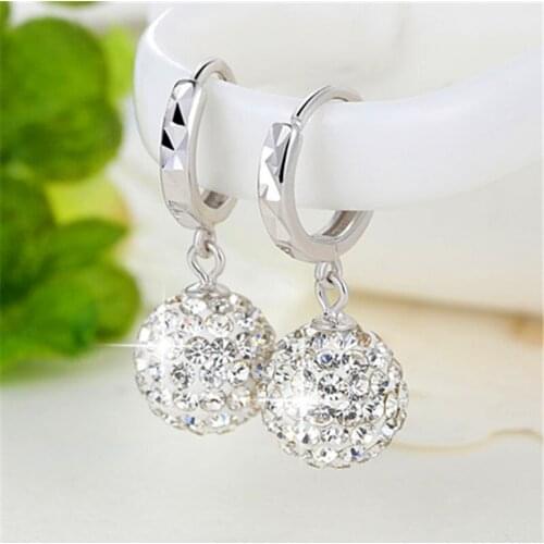Luxury Female White Crystal Drop Earrings Charm Sterling Silver Hoop Earrings For Women Charm Round Ball Wedding Earrings