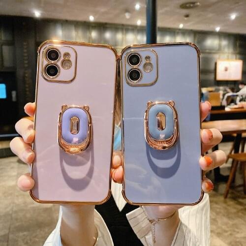 Luxury Bear Ring Holder Phone Case For iPhone 12 Pro Max 11 X XR 7 8Plus Plating TPU Soft Silicone Covers Cases Protective Shell