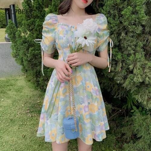 SLPBELY Summer Mini Dress For Women French Elegant Square Collar Puff Sleeve Dress Casual A Line Holiday Dress Vestido Sundress
