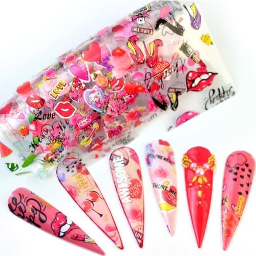 WUF 2021 10PCS/Pack Lips Love Valentine Nail Transfer Foils Nail Art Polish Wraps Decals DIY Nail Beauty Stickers Accessories