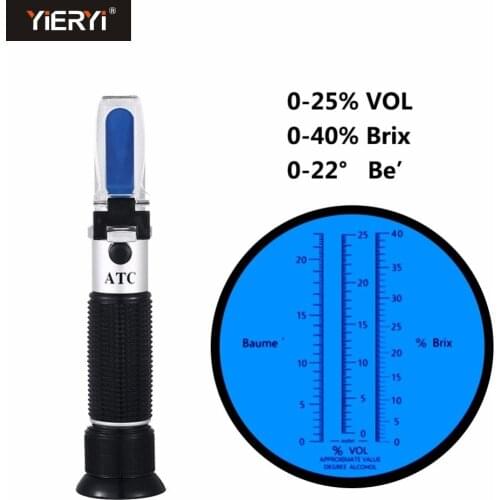 Yieryi New 3 in 1 Hand Held Grape & Alcohol Wine Refractometer Densimeter 0-25% Alcohol Beer 0-40% Brix Grapes 0-22% Baume ATC