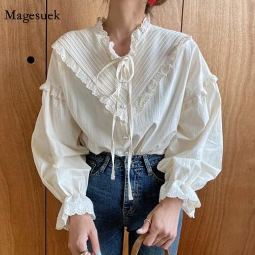 New Korean Style Vintage Tops Cotton Elegant Lace Splicing Shirt Loose Clothing Solid Lantern Sleeve Women Blouse Blusas 9580