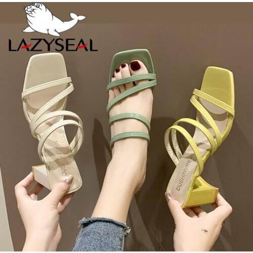 LazySeal Square Heel Slip On Shoes For Women Slippers High Heel Pumps New Summer Beach Ladies Slides Bohemian Female Dress Shoes