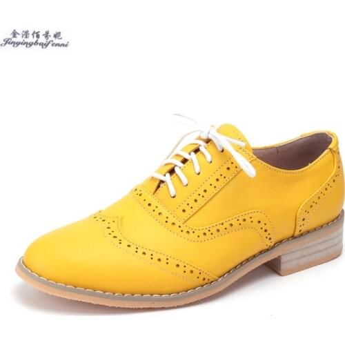 2020 New Yellow Genuine leather Oxford Shoes Female US size 4-15 Handmade Womens Shoes lace-up Brogues oxford Flats zapatos