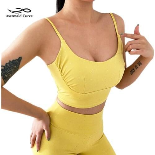Mermaid Curve Summer New Shiny Soprts Bra Women Thin Shoulder Strap Cross Jogging Fitness Bra TopWith Chest Pad Push Up Yoga Bra