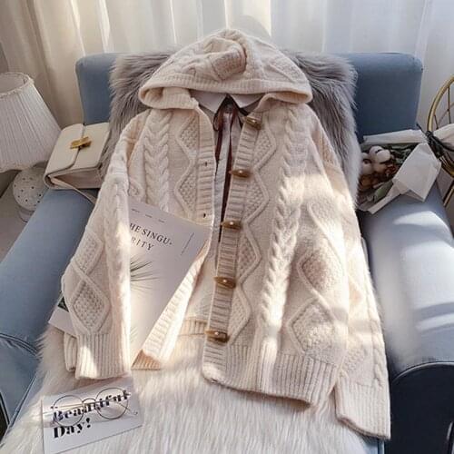 Hooded twist sweater coat autumn and winter 2021 new womens loose outer wear lazy knitted cardigan