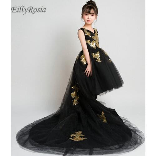 Gold Appliques Black Flower Girls Dresses for Wedding Party Long Train Tulle Beautiful High Low Girls Pageant Party Gowns Kids