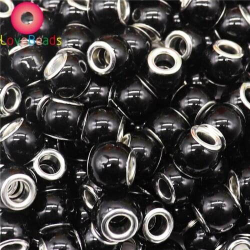 10 Pcs Black Color White Pearl Bead Big Hole Round Spacer Charms Fit European Pandora Bracelet Bangle for Women Jewelry Making