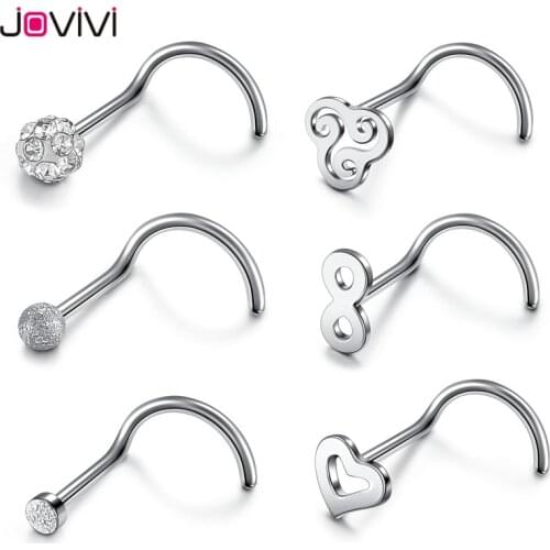 JOVIVI Nose Piercing Ring Studs Stainless Steel Nostril Jewelry 0.8mm 20G Fashion Women Men Body Piercing Jewelry 6 Pcs Set