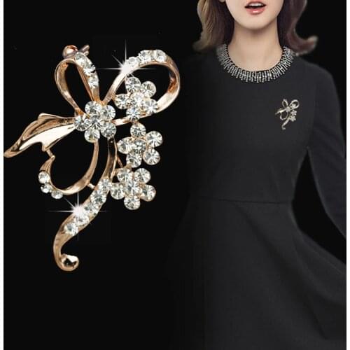 Crystal Flower Brooches Pin Bow Brooch for Women Large Bowknot Brooches Fashion Jewelry Wedding Corsage Accessories Gift