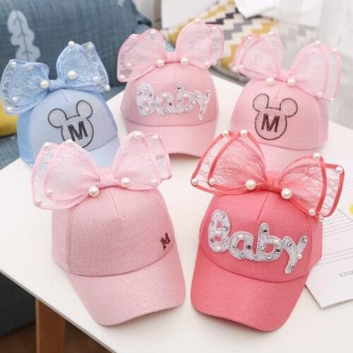 Children Big Bow cartoon Baseball Cap Girls Pearl Snapback Sun Protection Caps Mesh Rabbit Ear Kids Baby Trucker Sun Hat