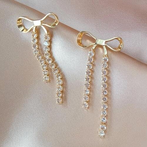 Women Lady Elegant Shiny Alloy Bowknot Shaped Long Tassel Earrings Jewelry Gift