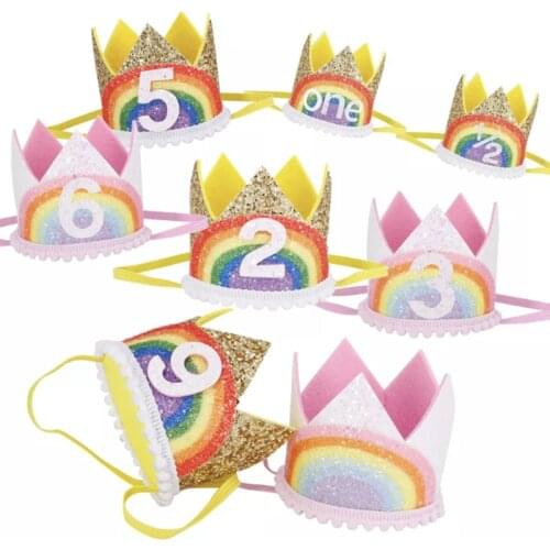 1-9 Rainbow Birthday Crown Hats Baby Shower Kids Birthday Party Digital Hat Decorations Boy Girl Hair Accessory Supplies