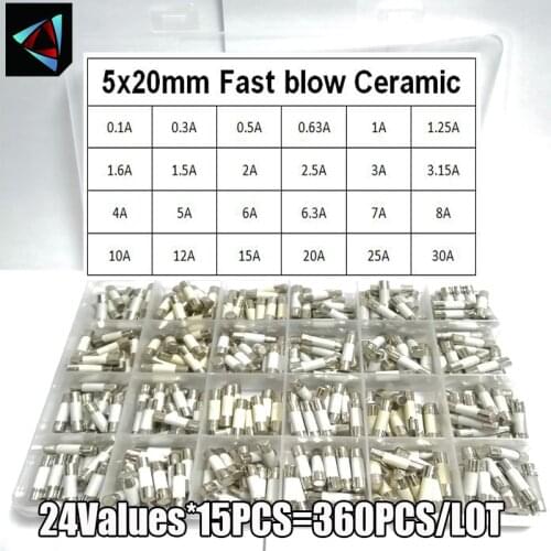 360Pcs/Box 24Values 5*20mm Fast blow Ceramic Fuse 250V 0.1A 0.25A 0.5A 1A 1.5A 2A 2.5A 3A 3.15A 4A 5A 6A 6.3A 8A 10A 15A 16A