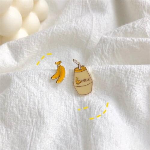 Korean Cute Yellow Banana Milk Asymmetrical Stud Earrings Simple Fruit Drink Earrings for Women Girls Kid Ear Jewelry Gift Trend