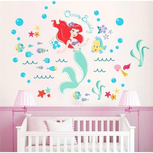 Lovely Disney Mermaid Fairy PVC Wall Stickers For Kids Room Bathroom Decor Cartoon Seabed Bubble Fish Wall Decals Pvc Decoration
