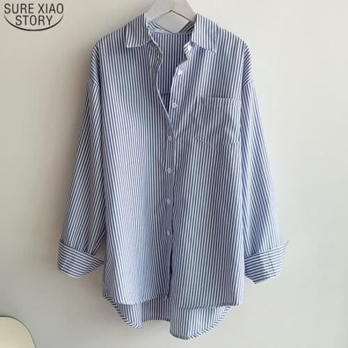 2021 Office Ladies Striped Shirt Blouses Women Casual Cotton women clothing Tops Single-breasted Loose Blouse Femme Blusas 13057