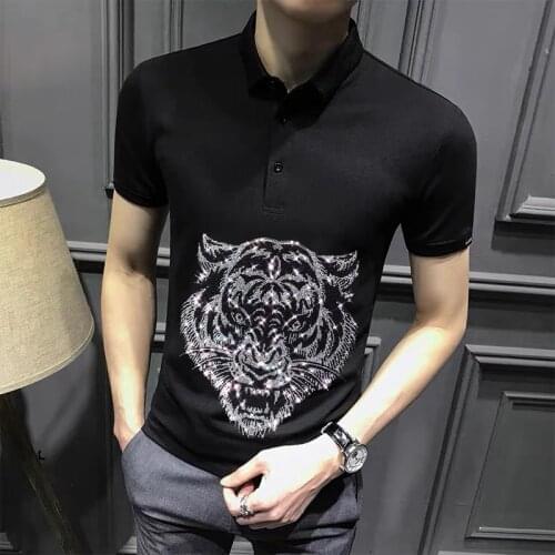 Teen Mens Jogging Short-Sleeved High Elasticity Rhinestone Shining Male Polo Summer Business Lapel Base Shirt