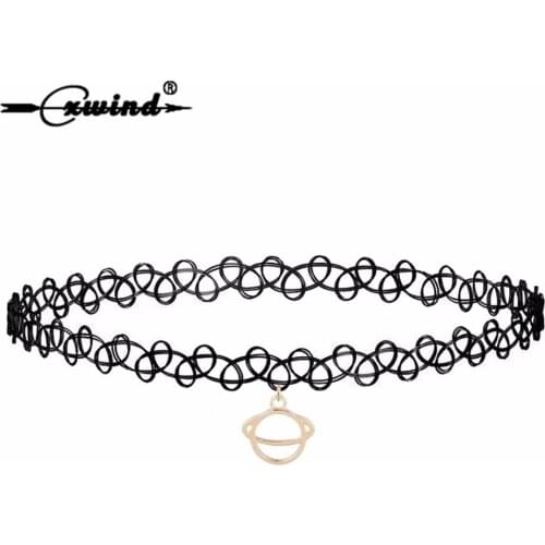 Cxwind Fashion Punk Gemetric Necklace Jewelry Collar UFO Pendant Choker Space Saturn Necklaces Black Lace Neck For Women Gift