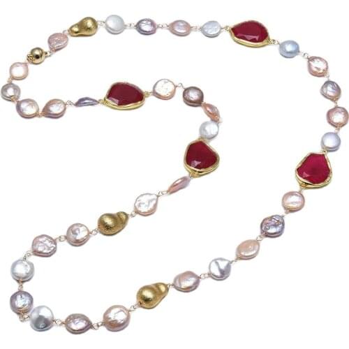 GG Jewelry Natural White Pink Purple Keshi Coin Pearl Gold Color Plated Red Agate Sweater chain Long Necklace Handmade For Women