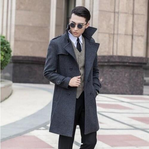 Grey korean long sleeve Medium-long wool coat men jackets and coats mens slim wool winter double-breasted trench coats S - 9XL