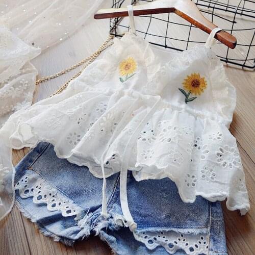 Blotona 2Pcs Kids Hollow Out Flower Set Sunflower Embroidery V-Neck Sleeveless Ruffle Tops+ Denim Shorts for Girls 2-7Years