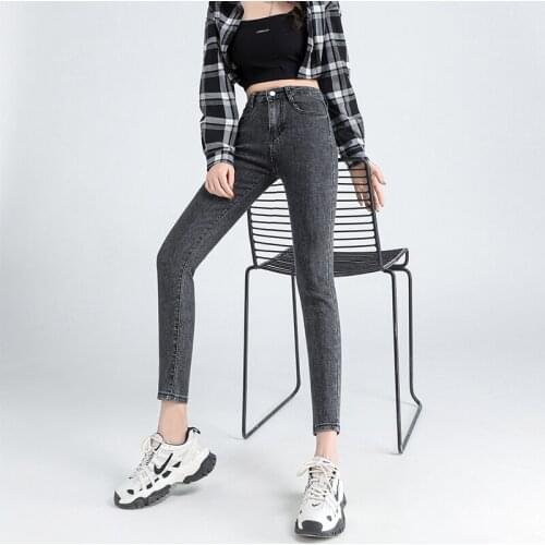 High Stretch Skinny Pencil Pants For Mom Plus Size Slim Basic Style Sand Wash Jeans Black Zip Up Summer Denim Trousers 118