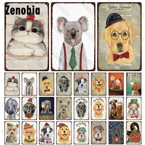 Funny Dog and Cat Metal Signs Cute Pet Dog Cat Posters Vintage Wall Art Decorative Plate Wall Stickers for Living Room Decor