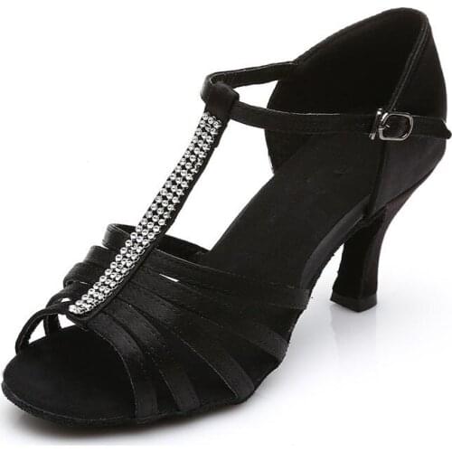 WomensSatin Latin Dancing Shoes Soft Sole Dance Ballroom Latin Shoes High Heels 5cm 7cm Black Rhinestones Dance Shoes