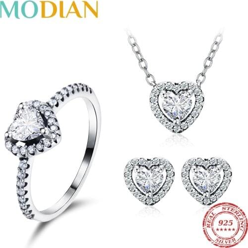 Modian 925 Sterling Silver Heart Fashion Sets For Women Charm Earrings Luxury Wedding Necklaces Engagement Statement Jewelry