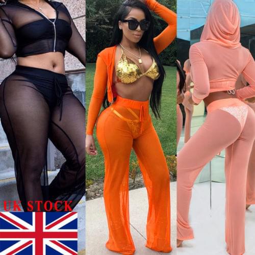 2019 Hot Sexy Women Mesh Sheer Bikini Cover Up See Through Knot Crop Top Flared Mesh Pants Trousers