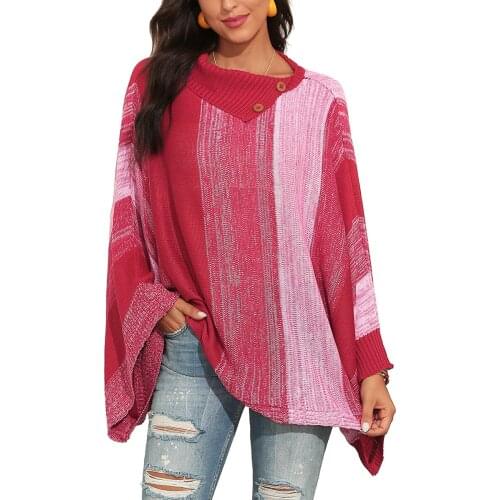Lady Sweaters Color Block Splicing Irregular Bat Sleeve Tops Button Up Cape turn-down collar loose Pullover Pink woman Sweater