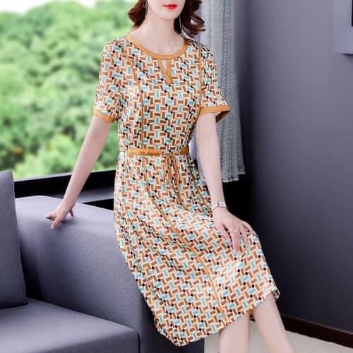 2021 Office Lady Casual Print Satin Midi Dress Summer Vintage 5XL Mulberry Silk Beach Dress Women Elegant Bodycon Party Vestidos
