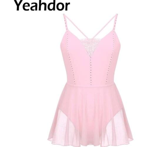 Adult Women Ballet Leotard Dress Spaghetti Straps with Shiny Rhinestones Lace Back Bodysuit Gymnastic Leotard Dress Dancewear