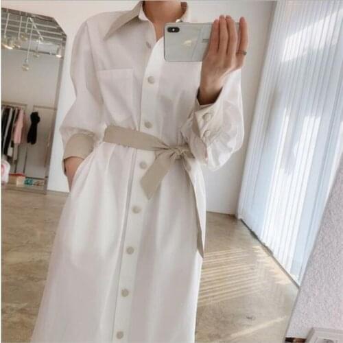 Women Long Shirts Dress Office Lady Work Dresses Casual Solid Lapel Vestidos Cotton lace up Shirt Robe Femme Dresses CL575