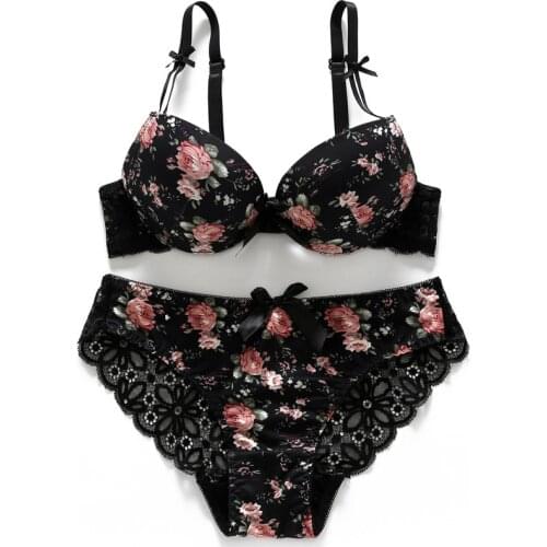 SANDERALA Sexy Women Print Cotton Lingerie Flower Silk Lace Flower Push Up Plus Size Underwear Bow Bra Hollow Out Panties Set