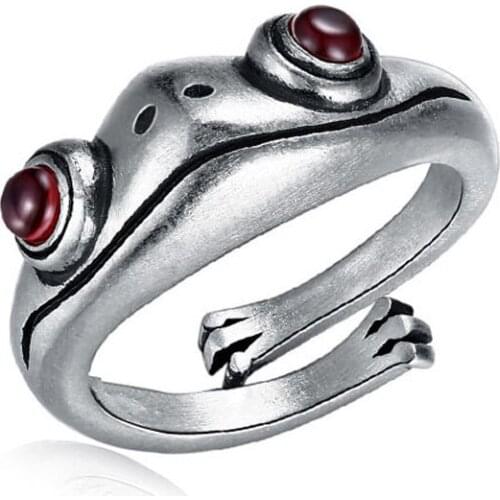 Zinc Alloy Silver Plated Animal Frog Open Women Ring Red Garnet Creative Resizeable Female Everyday Finger Jewelry Dropshipping