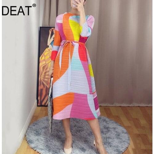 DEAT Women Pleated Dress Hit Color Print High Elastic Bandage Loose Stand Neck Long Sleeve Dresses 2021 Summer Fashion 15HT233