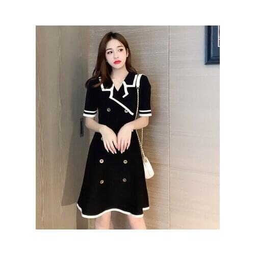 Elegant Dress For Women Summer 2020 Vintage Double Breasted Notched Collar Short Sleeve Slim A Line Knitted Ladies Dresses D269