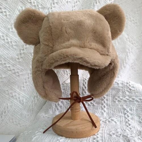 Winter Faux Rabbit Fur Bomber Hats Parent Child Cute Cear Ears Windproof Ski Cap Girl Kids Ear Protectors Velvet Warm Winter Hat