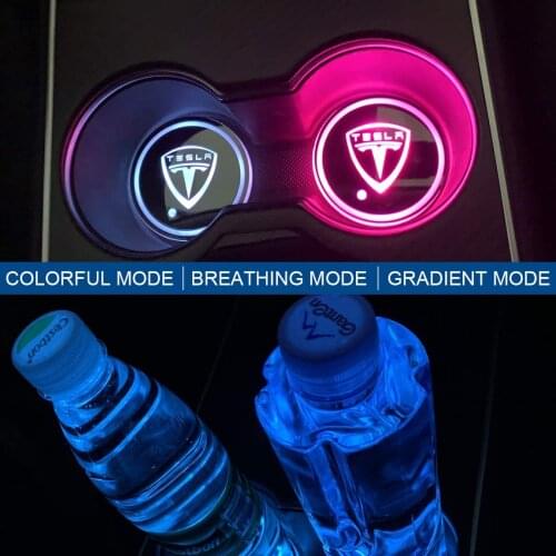 2 PCS Water Cup Mats For Tesla Model3/Y/X/ S , Interior Decoration Accessories Colorful Lamps Pad