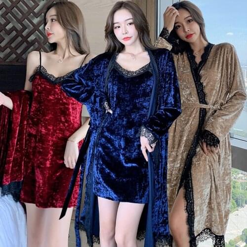 2021 Winter 2PCS Thick Warm Gold Velvet Sexy Lace Nightgowns Robes Sets for Women Long Sleeve Sleepwear Suit Bathrobe Mini Dress