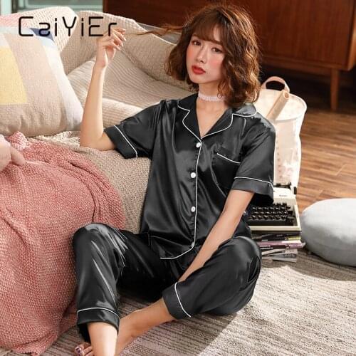 CAIYIER Summer 2Pieces Women Sleepwear Silk Satin Short Sleeve Pajamas Set Turn-down Collar Sexy Home Clothes Plus Size M-5XL
