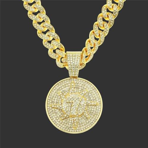 Iced Out Full Cubic Zircon Round Tags NO 7 Pendant With Rhinestone 13mm Miami Cuban Chain Choker New Hip Hop Necklace Jewelry