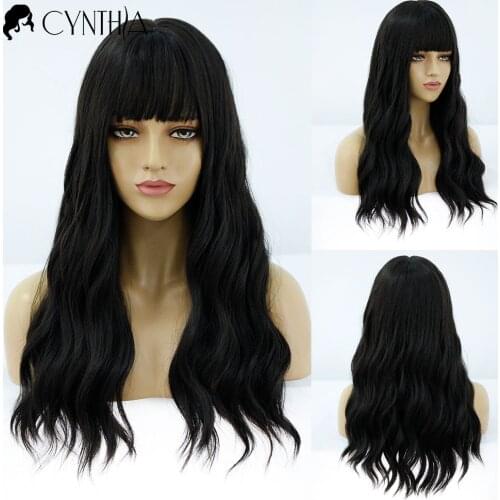 Black Long Ombre Wavy Natural Daily Synthetic Wig With Bangs For Black White Women High Temperature Fiber Hair Cosplay Wigs