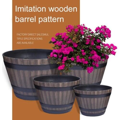Imitation Wooden Barrel Flower Pot Walnut Color Thick And Durable Large Capacity Retro Planter for Home and Garden B1
