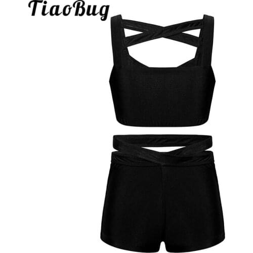 TiaoBug Kids Stretchy Solid Color Strappy Sleeveless Gymnastics Ballet Crop Top with Shorts Set Girls 2 Pieces Sports Dance Wear