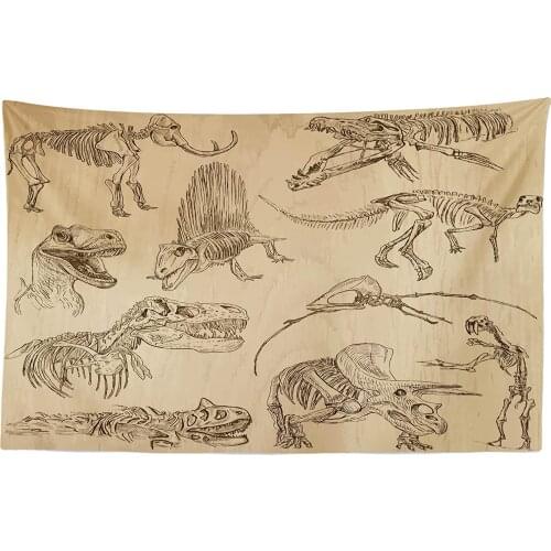 Dinosaur Hand Drawn Style Skeletons Bones from Medieval Times Archeology Theme Fabric Wall Hanging